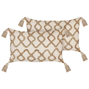 2 Cushions Beige Jute Cotton Cover 30 X 50 Cm Decorative Pillow Geometric Pattern