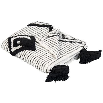 Throw Blanket White And Black Polyester Pet 130 X 150 Cm With Decorative Tassels Handmade Beliani