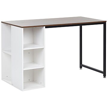 Home Desk Dark Wood Top Black Metal Steel Leg White Shelves Storage 120 X 60 Cm Beliani