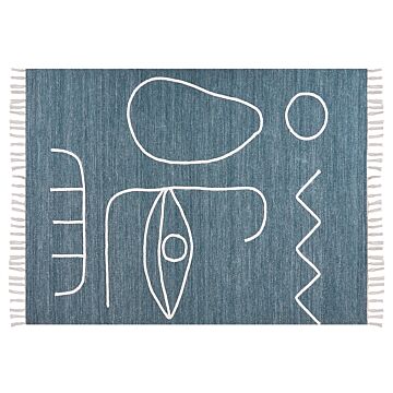 Area Handwoven Rug Blue Polyester 140 X 200 Cm Rectangle Abstract Pattern With Tassels Rectangular Boho Indoor Outdoor Beliani