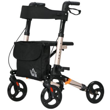 Homcom 4 Wheel Rollator With Seat And Back, Folding Mobility Walker, Adjustable Height, Dual Brakes, Cane Holder, Lightweight Aluminium