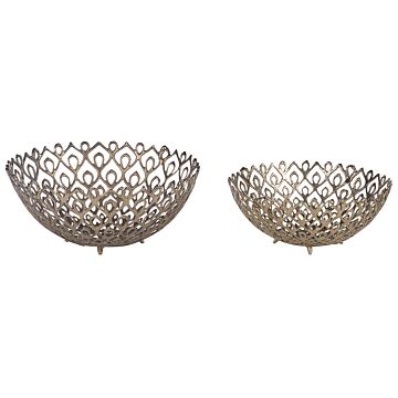 Set Of 2 Decorative Bowls Gold Metal Round Accent Bowl Openwork Design