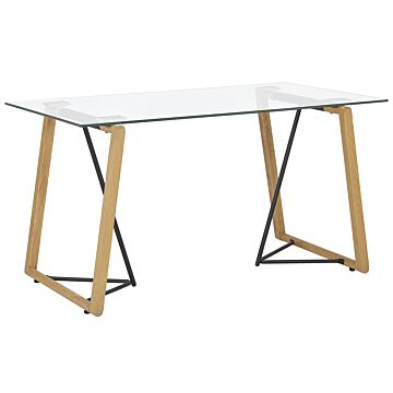 Dining Table Transparent 140 X 80 Cm Tempered Glass Top Metal Light Wood Base Rectangular Scandinavian Modern Beliani