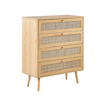 Rattan 4 Drawer Chest Light Wood Manufactured Wood With Rattan Front Drawers Boho Style Sideboard Beliani