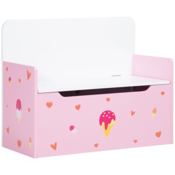 Zonekiz 2-in-1 Wooden Toy Box, Kids Storage Bench Toy Chest With Safety Pneumatic Rod, Cute Pattern, Pink