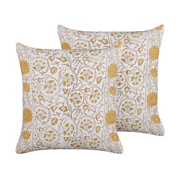 Set Of 2 Scatter Cushions White And Yellow Cotton 45 X 45 Cm Floral Pattern Handmade Removable Cover With Filling Boho Style Beliani