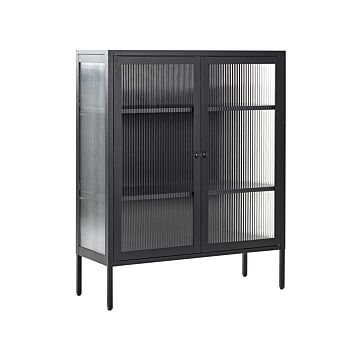 Office Cabinet Black Steel 90 X 35 X 111 Cm Metal 2 Doors Glass Front And Sides Display Beliani
