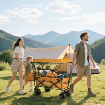 Outsunny Folding Trolley Cart Storage Wagon Beach Trailer 4 Wheels With Handle Overhead Canopy Cart Push Pull For Shopping Camping, Orange
