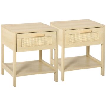 Homcom Bedside Table Set Of 2 With Rattan Drawer, Rustic Side Tables With Storage Shelf For Bedroom, Living Room, Natural