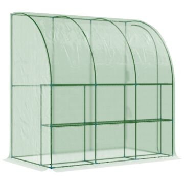 Outsunny Outdoor Walk-in Lean To Wall Tunnel Greenhouse With Zippered Roll Up Door Pe Cover Green 214l X 120w X 215hcm