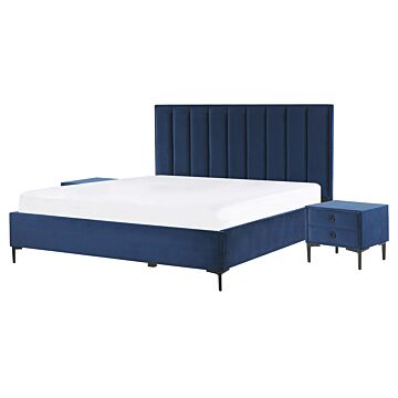 Bedroom Set Blue Velvet Eu King Size 5ft3 Bed With Storage 2 Bedside Tables Upholstered Beliani