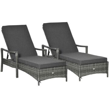 Outsunny Pe Rattan Sun Loungers Set Of 2 With Cushion, Outdoor 2 Pieces Garden Sunbed Furniture With 4-level Recliner Backrest, And Armrest, Grey