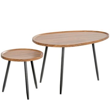 Homcom Nesting Coffee Table Set Of 2, 80cm Modern Stacking End Side Table With Metal Legs For Living Room Bedroom Office, Chestnut Wood Effect