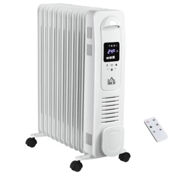 Homcom 2720w Digital Oil Filled Radiator, 11 Fin, Portable Electric Heater With Led Display, 3 Heat Settings, Safety Cut-off And Remote Control, White