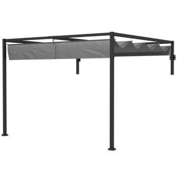 Outsunny 3 X 4m Lean To Pergola, Metal Pergola With Retractable Roof For Grill, Garden, Patio, Deck