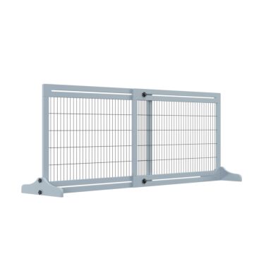 Pawhut Adjustable Wooden Pet Gate, Freestanding Dog Barrier Fence With 3 Panels For Doorway, Hallway, 69h X 104-183h Cm, Blue