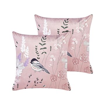 Set Of 2 Pink Decorative Pillows Polyester 45 X 45 Cm Flower Animal Pattern Modern Traditional Living Room Bedroom Cushions Beliani