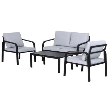 Outsunny 4 Pcs Aluminium Frame Garden Dining Set W/ 2 Chairs Sofa Glass Top Table Foam Cushions Sleek Contemporary Tough Durable Grey Black