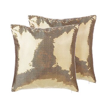 Set Of 2 Decorative Cushions Gold Sequin 45 X 45 Cm Glittering Sparkle Beliani