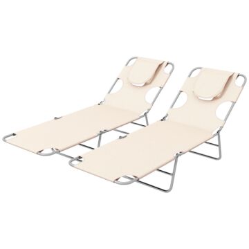 Outsunny Foldable Sun Lounger Set Of 2, Beach Chaise Lounges With Reading Hole, Arm Slots, 5-position Adjustable Backrest, Side Pocket, Pillow For Patio, Garden, Beach, Pool, Beige