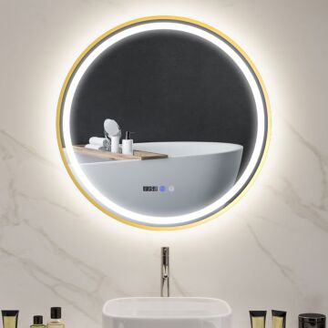 Homcom Round Bathroom Mirror With Led Lights, 800mm Backlit Illuminated Bathroom Mirror, Dimmable Wall Mounted Vanity Mirror With Demister Pad, Touch Switch, Time And Temp Display, Gold Tone