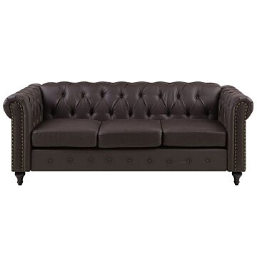 Chesterfield Sofa Brown Faux Leather Upholstery Dark Wood Legs 3 Seater Nailhead Trim Contemporary Beliani