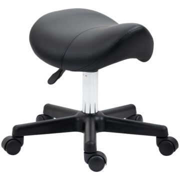 Homcom Saddle Stool, Pu Leather Adjustable Rolling Salon Chair With Steel Frame For Massage, Spa, Beauty And Tattoo, Black