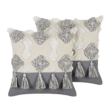 Decorative Cushions White And Grey Cotton 45 X 45 Cm With Tassels Diamond Pattern Beliani