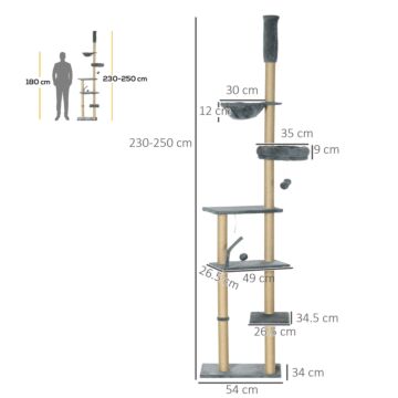Pawhut Floor To Ceiling Cat Tree, 6-tier Play Tower Climbing Activity Center W/ Scratching Post, Hammock, Adjustable Height 230-250cm, Grey