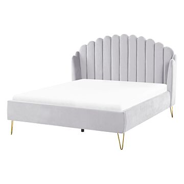 Bed Frame Grey Velvet Upholstery Eu Double Size 4ft6 Metal Legs Retro Design Chanell Shell Headboard Beliani