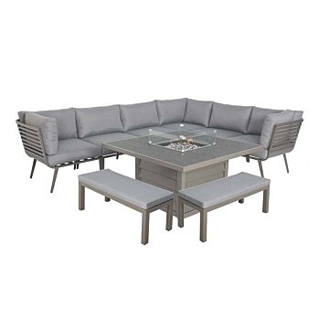 Mayfair Grey Frame 8 Seater : 6pc Corner Lounging Includes 1 Lh & Rh Sofa Bench 2 X Middle Seat , 1 Corner Seat & 120cm Firepit Table + 2 Bench