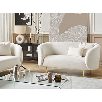 2 Seater Sofa White Boucle Fabric Soft Nubby Gold Legs Retro Glam Art Decor Style Beliani