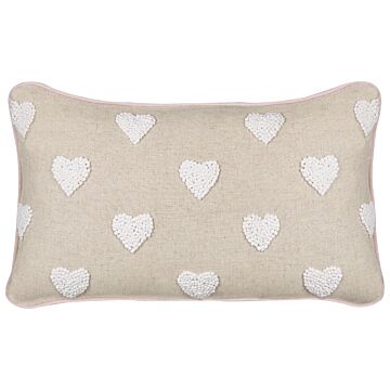 Scatter Cushion Beige Cotton 30 X 50 Cm Throw Pillow Embroidered Hearts Pattern Beliani