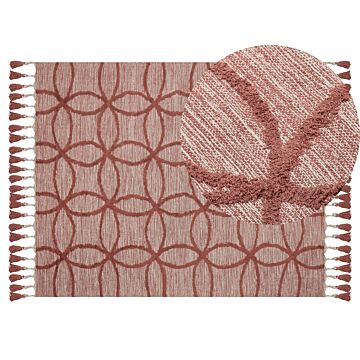 Area Rug Red Cotton 140 X 200 Cm Rectangular Hand Tufted Geometric Pattern Boho Beliani