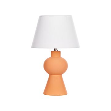 Table Lamp Orange Ceramic Base Linen Drum Shaped Shade Minimalistic Design Beliani