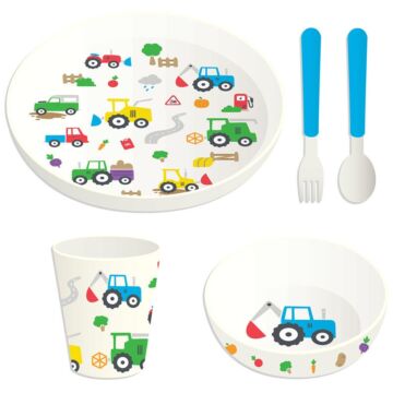 Recycled Rpet Set Of 5 Kids Cup, Bowl, Plate & Cutlery Set - Little Tractors
