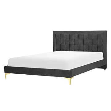 Upholstered Bed Frame Black Velvet Eu Double 140x200 Cm 4ft6 Headboard Golden Legs Beliani