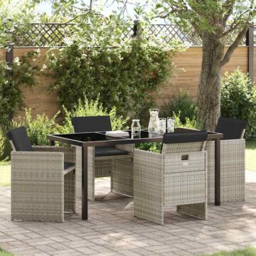 Vidaxl 5 Piece Garden Dining Set With Cushions Light Grey Poly Rattan, Vidaxl Garden Table Black 160x80x73 Cm Tempered Glass