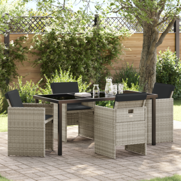 Vidaxl 5 Piece Garden Dining Set With Cushions Light Grey Poly Rattan, Vidaxl Garden Table Black 160x80x73 Cm Tempered Glass