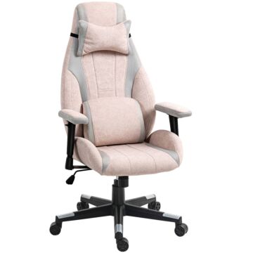 Homcom Fabric Gaming Chair With Lumbar Support, Headrest - Pale Pink