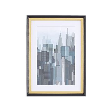 Framed Wall Art Blue And Grey Print Gold And Black Frame 60 X 80 Cm Skyscrapers City Passe-partout Industrial Minimalist Beliani