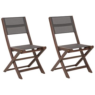 Set Of 2 Garden Chairs Dark Acacia Wood Grey Pvc Fabric Folding Outdoor Patio Armless Classic Timeless Style Beliani