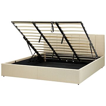 Bed Frame Beige Fabric Upholstery Eu Super King Size 6ft Lift Up Storage With Headboard And Slatted Base Beliani