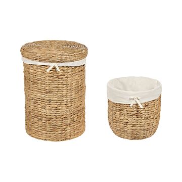 Set Of 2 Storage Baskets Light Water Hyacinth Handmade Laundry Basket Hamper With Lid Beliani
