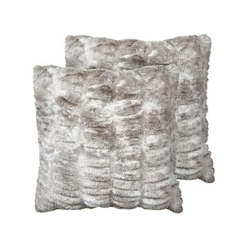 Set Of 2 Throw Pillows Grey Faux Fur 45 X 45 Cm Soft Fluffy Scatter Cushions Beliani