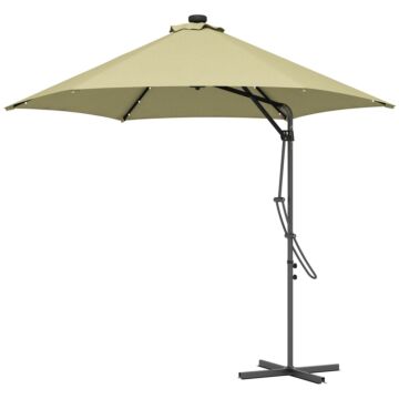 Outsunny 3(m) Garden Parasol Cantilever Umbrella With Solar Led, Cross Base And Waterproof Cover, Beige
