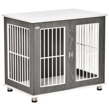 Pawhut Dog Crate, Wooden Pet Kennel Cage With Lockable Door And Adjustable Foot Pads, Modern Design, Grey And White