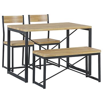 Dining Set Light Wood Top Black Steel Frame Rectangular Table 110 X 70 Cm 4 Seater With 2 Chairs And Bench Beliani