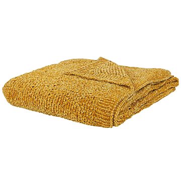 Blanket Throw Yellow Chenille Knitted 150 X 200 Cm Bedroom Living Room Soft Plushy Beliani