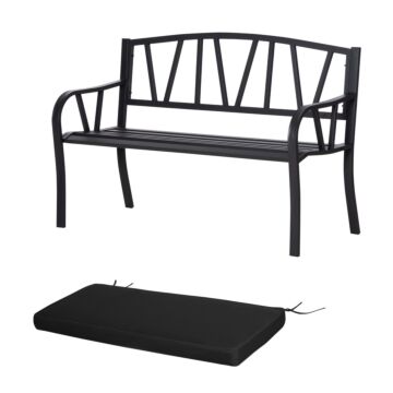 Outsunny 2-seater Garden Bench With Cushion, Metal Loveseat, Slatted Outdoor Park Chair With Decorative Backrest And Armrest, Black